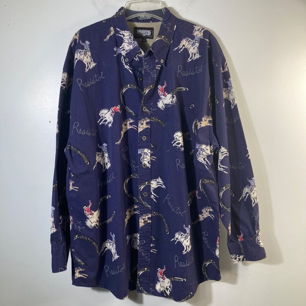 Mens Vintage Resistol Rodeo Gear Rough Rider Western Shirt Horse XL Navy Cotton